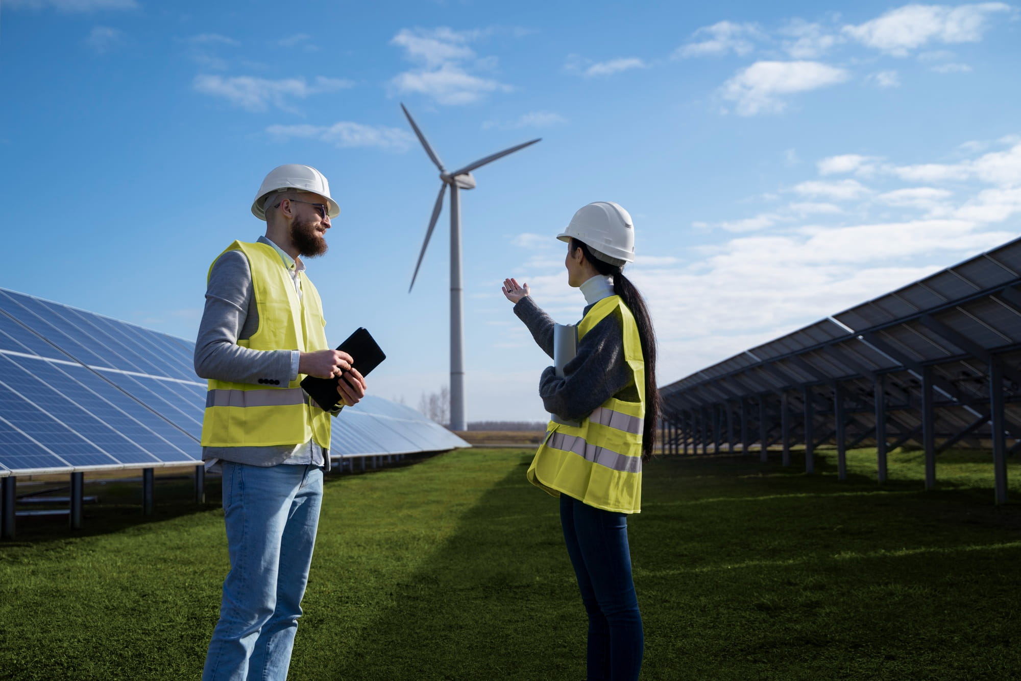 Two field technicians in hi-vis vests reviewing a tablet at a solar and wind farm site